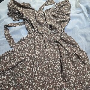 Blu Pepper Sun Dress Womens Brown White Floral Short Sleeve Off Shoulder S